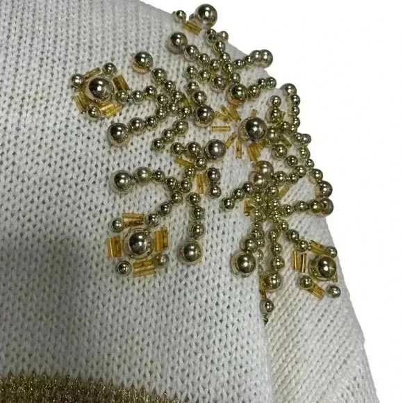 Lew Magrum VINTAGE gold and cream, gold beaded snowflake Christmas sweater SZ-L - Picture 4 of 11